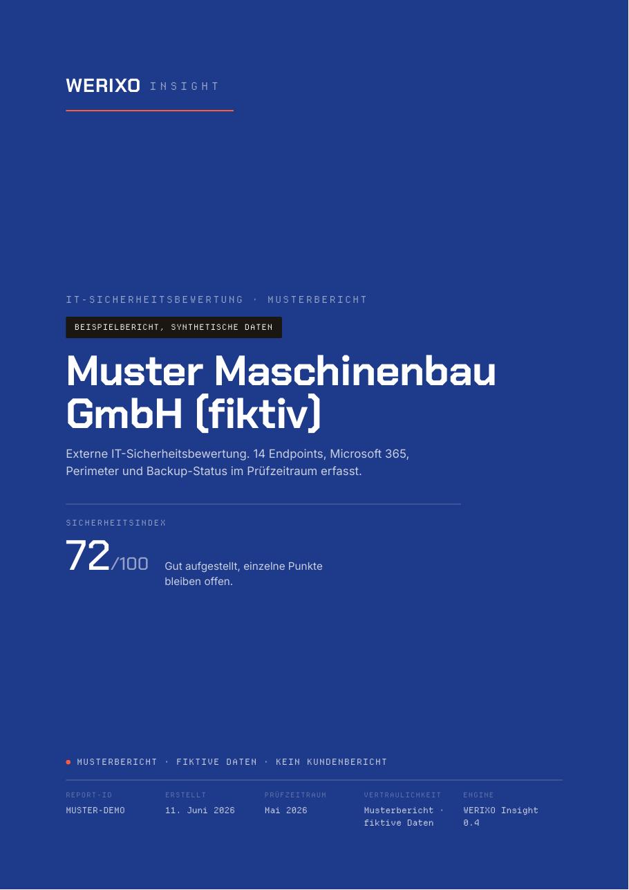 Deckblatt eines Musterberichts: Muster Maschinenbau GmbH, fiktiv, Sicherheitsindex 72 von 100