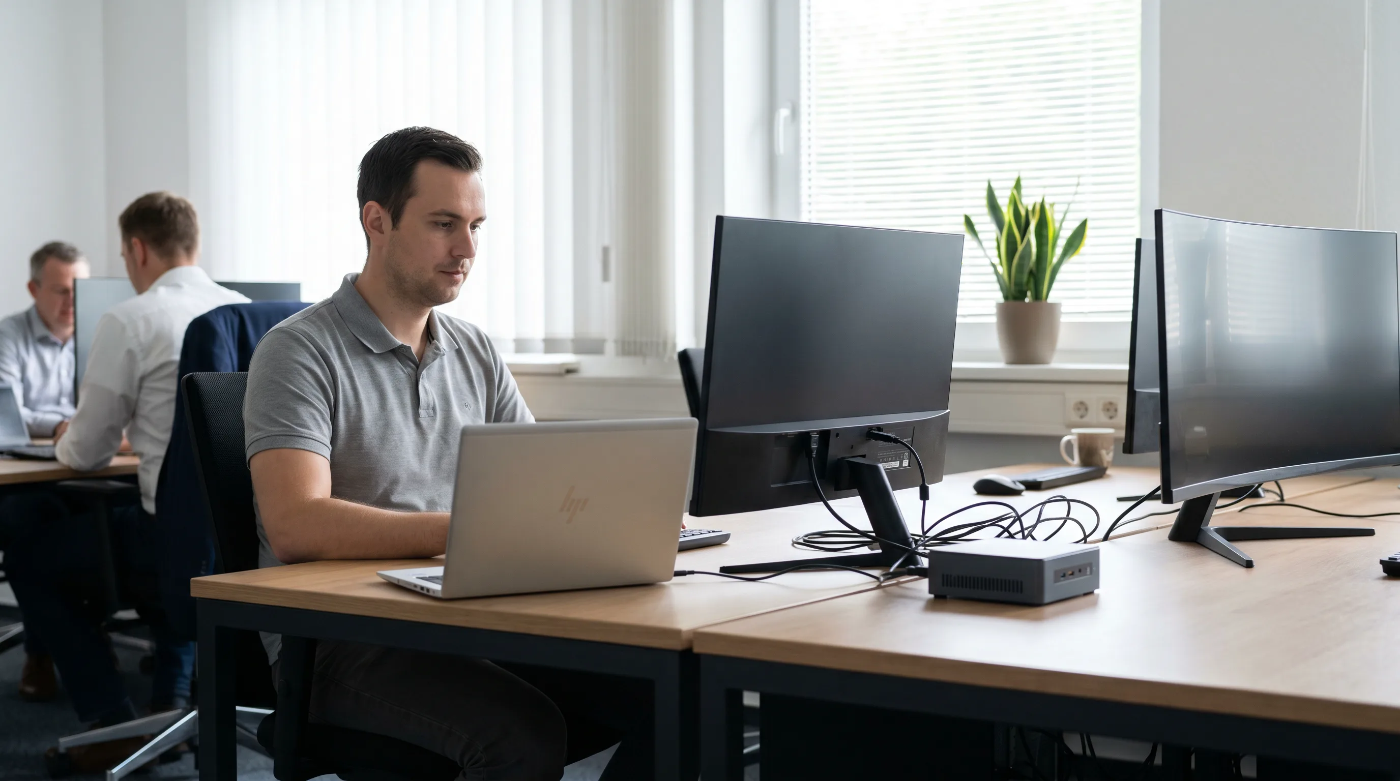 Arbeitsplätze in einem kleinen Unternehmen, im Hintergrund werden Geräte im laufenden Betrieb aktuell gehalten